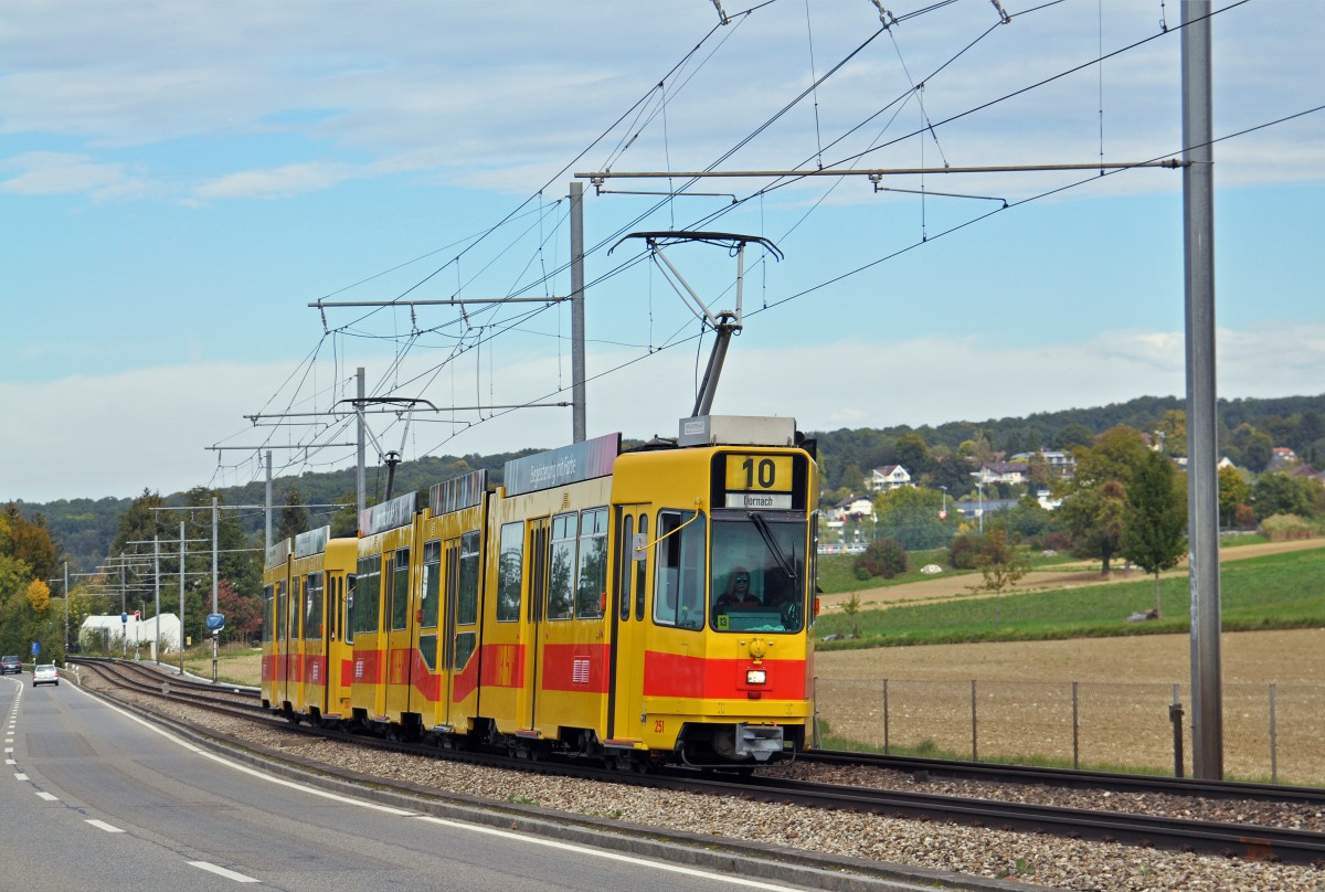 Be 4/8 251 zusammen mit dem Be 4/6 262 auf der Linie 10 fährt zur Haltestelle Etingen. Die Aufnahme stammt vom 03.10.2015.