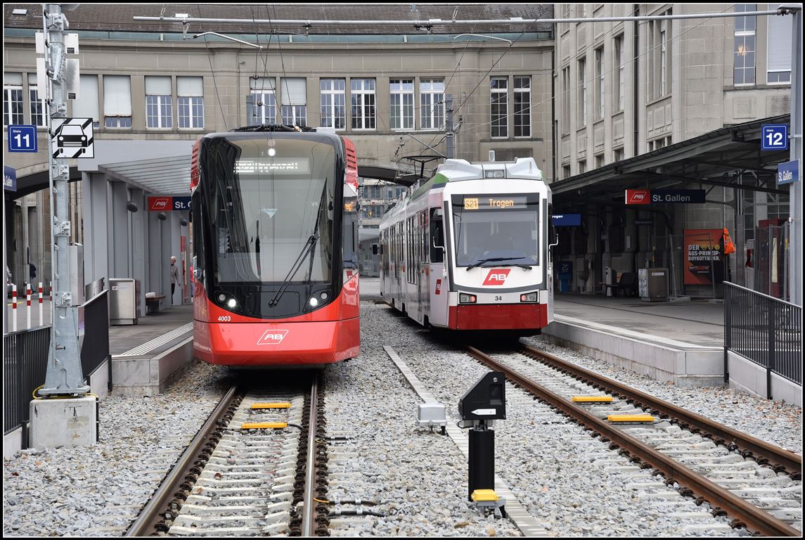 Be 4/8 34 nach Trogen und Tango ABe 8/12 nach Appenzell in St.Gallen. (15.11.2018)