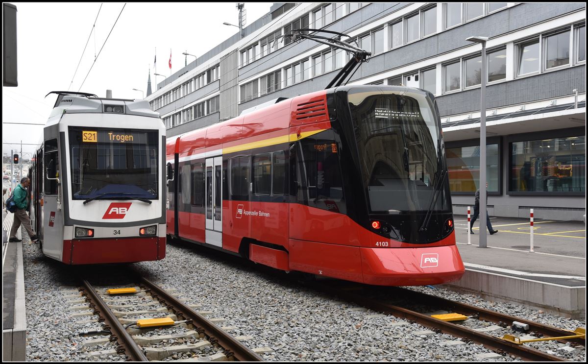 Be 4/8 34 nach Trogen und Tango ABe 8/12 nach Appenzell in St.Gallen. (15.11.2018)