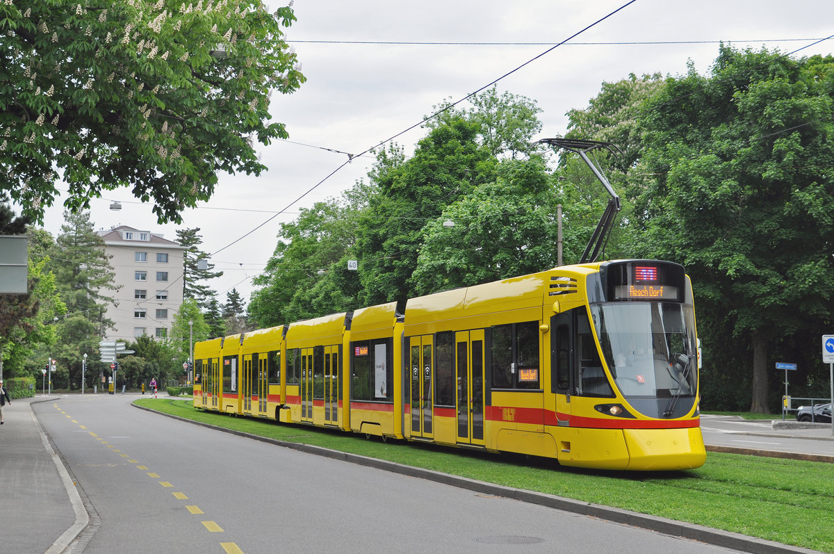 Be 6/10 Tango 173, auf der Linie 11, fährt zur Haltestelle Grosspeterstrasse. Die Aufnahme stammt vom 11.05.2017.