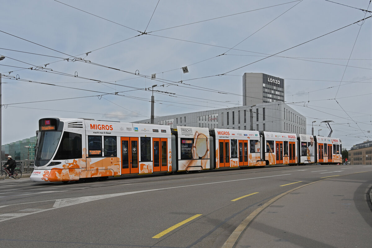 Be 6/10 Tango 177 mit der Migros Werbung, auf der Linie 11, überquert am 04.05.2024 die Münchensteinerbrücke.