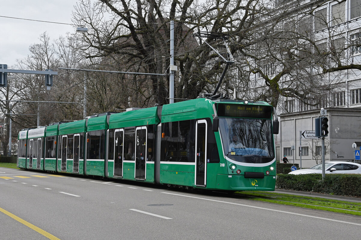 Be 6/8 Combino 310, auf der Linie 8, fährt am 19.02.2024 zur Haltestelle am Aeschenplatz.