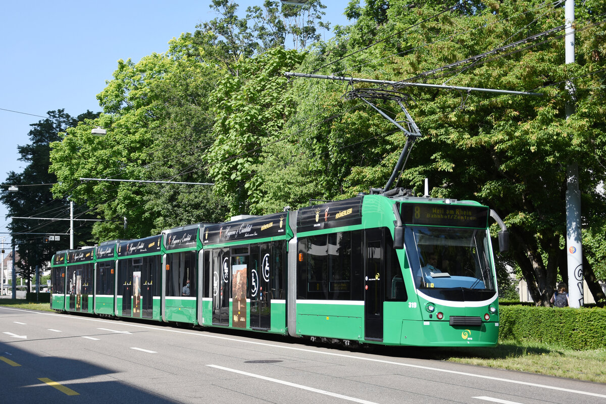 Be 6/8 Combino 319, auf der Linie 8, fährt zur Haltestelle Aeschenplatz. Die Aufnahme stammt vom 13.06.2021.
