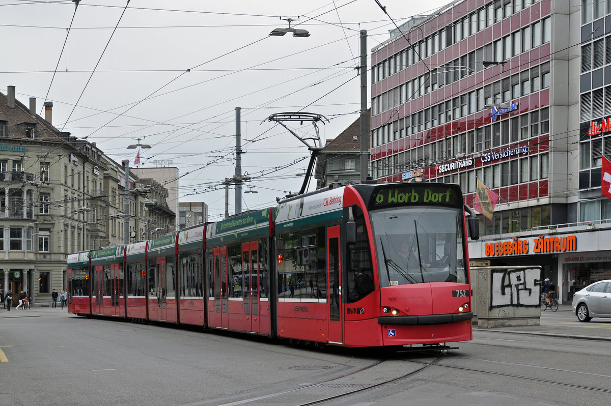 Be 6/8 Combino 752, auf der Linie 6, fährt Richtung Bahnhof Bern. Die Aufnahme stammt vom 09.05.2016.