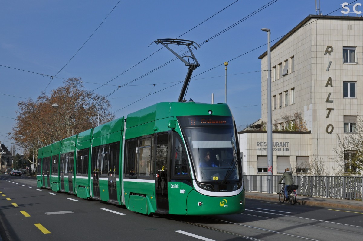 Be 6/8 Flexity 5001 auf der Linie 8 fährt zur Haltestelle Markthalle. Die Aufnahme stammt vom 24.11.2014.