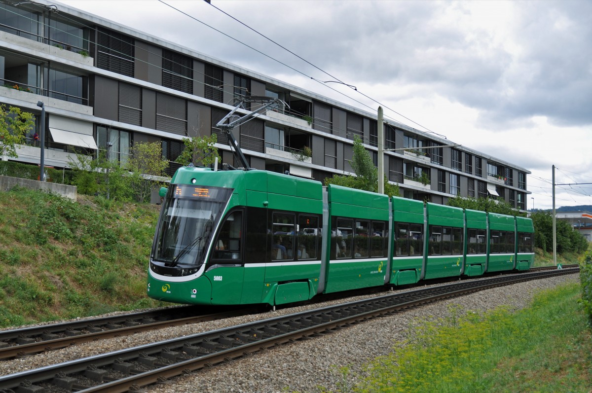 Be 6/8 Flexity 5003 auf der Linie 6 kurz vor der Haltestelle Freidorf. Die Linie 6 fährt wahrend einer Großbaustelle in der Innerstadt von Pratteln via Theater nach Allschwil und als Linie 14 von Allschwil nach Muttenz/Pratteln. Die Aufnahme stammt vom 04.08.2015.