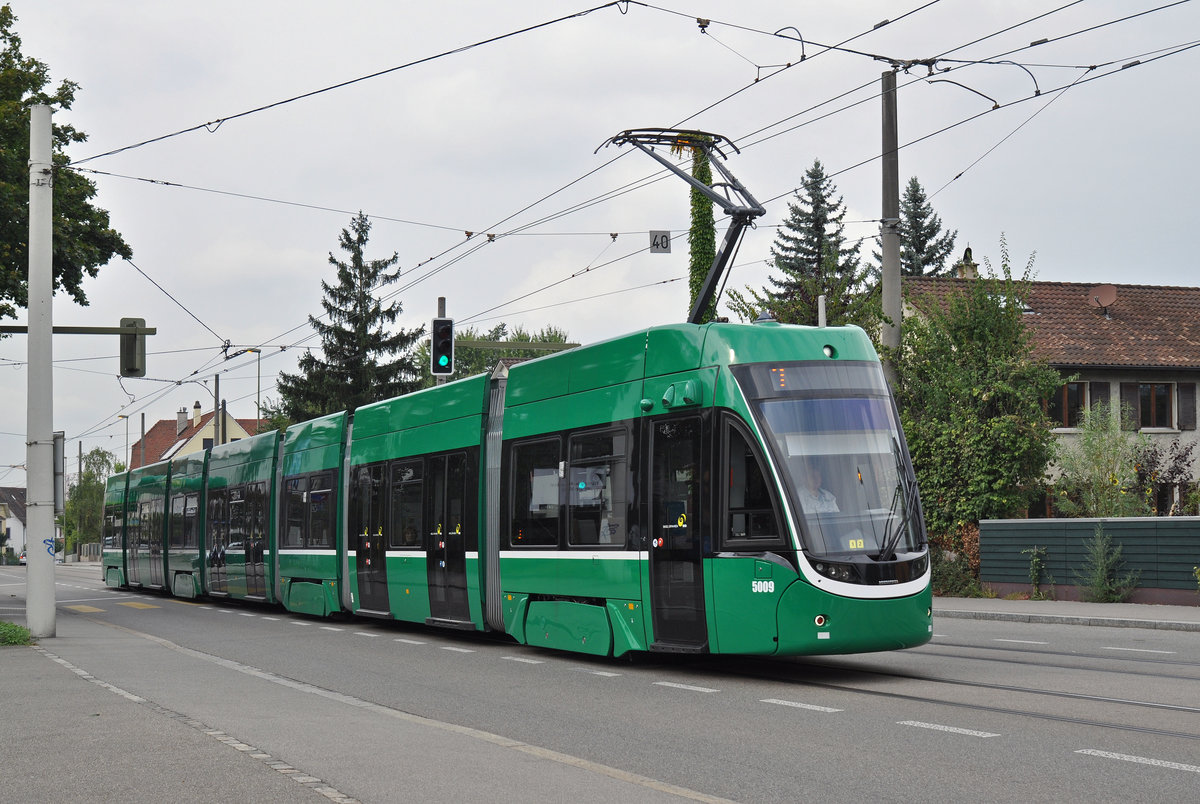 Be 6/8 Flexity 5009, auf de Linie 3, fährt zur Endstation an der Birsfelden Hard. Die Aufnahme stammt vom 20.09.2016.