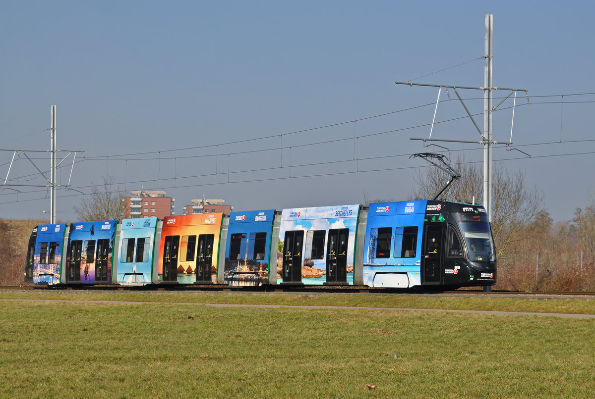 Be 6/8 Flexity 5010, mit der Werbung für Turkish Airlines, fährt zur Haltestelle der Linie 14 an der Lachmatt. Die Aufnahme stammt vom 14.02.2017.