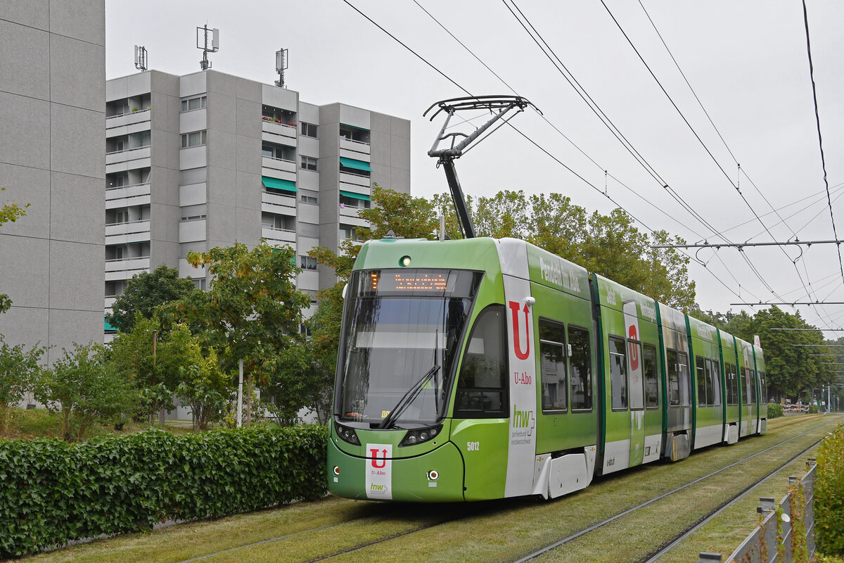 Be 6/8 Flexity 5012 mit der U-Abo Werbung, auf der verlängerten Linie 1, fährt am 17.08.2023 zur Haltestelle Hirzbrunnen/Claraspital.