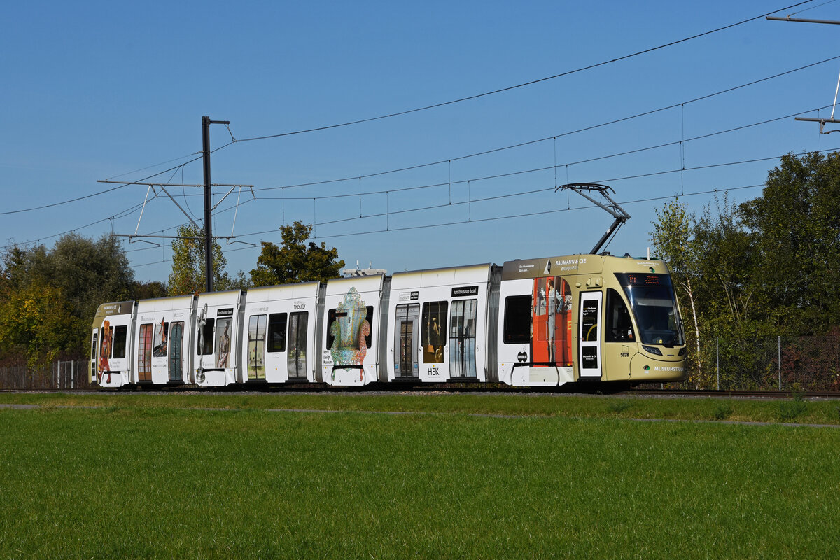 Be 6/8 Flexity 5028 mit Werbung für Basler Museen, auf der Linie 14, fährt zur Haltestelle Lachmatt. Die Aufnahme stammt vom 14.10.2021.