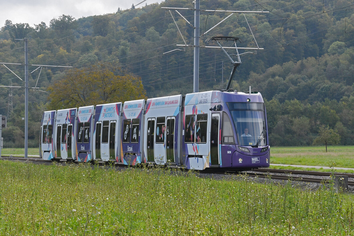 Be 6/8 Flexity 5028 mit der Werbung für die Fussball EM der Frauen 2025 in der Schweiz, auf der Linie 14, fährt am 05.10.2024 zur Haltestelle Rothausstrasse. Aufnahme Muttenz.