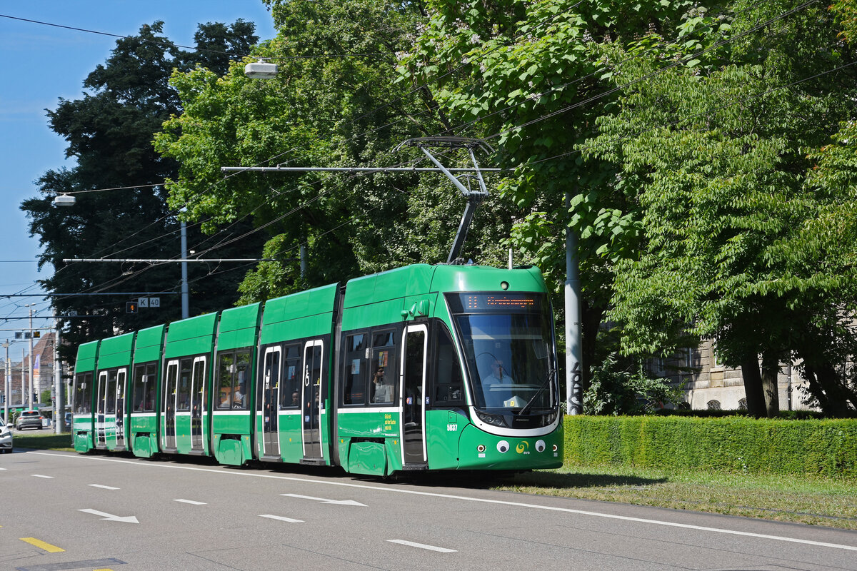 Be 6/8 Flexity 5037, auf der Linie 8, fährt am 21.06.2025 zur Haltestelle am Aeschenplatz. Aufnahme Basel.
