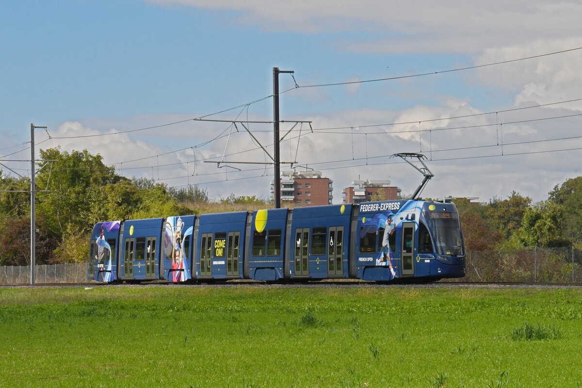 Be 6/8 Flexity 5040  Federer Express , auf der Linie 14, fährt am 05.10.2024 zur Haltestelle Lachmatt. Aufnahme Muttenz.