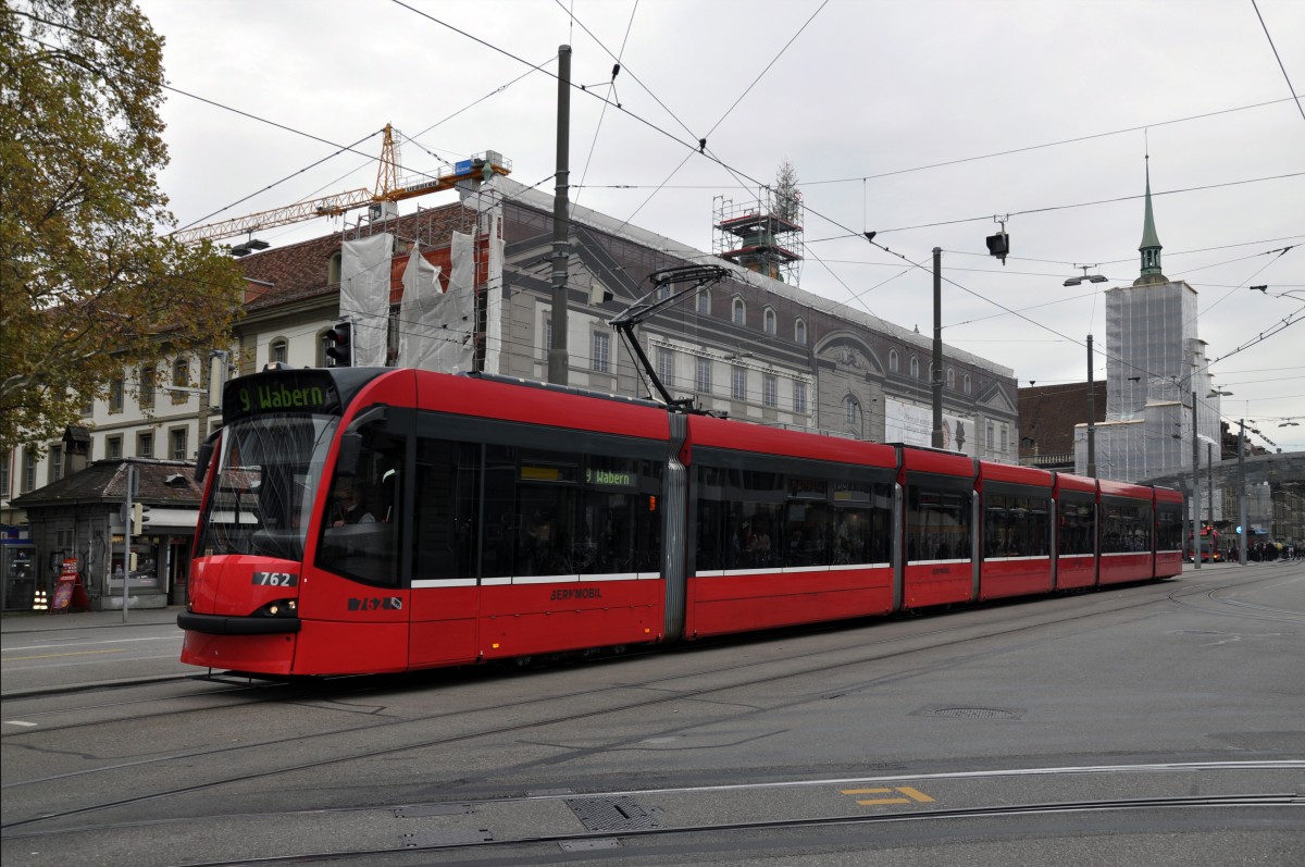 Be 6/8 mit der Betriebsnummer 762 auf der Linie 9 beim Bubenbergplatz. Die Aufnahme stammt vom 08.11.2013.