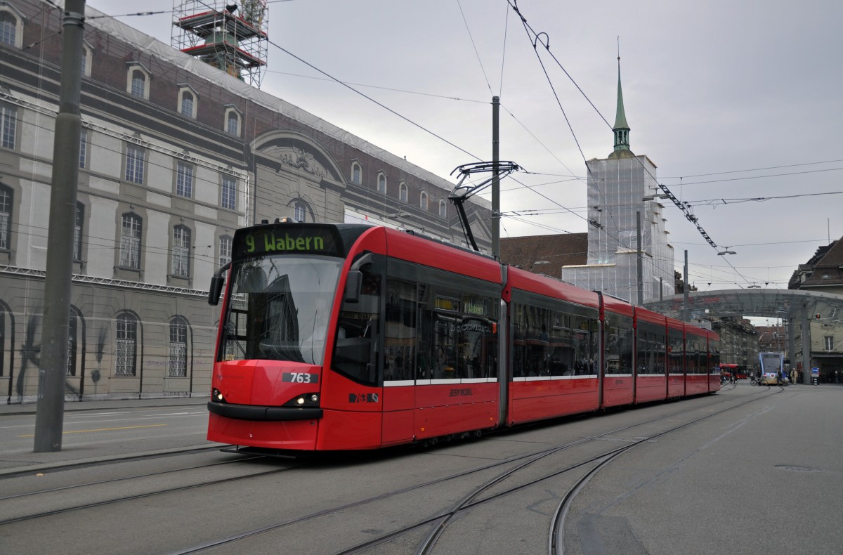 Be 6/8 mit der Betriebsnummer 763 auf der Linie 9 beim Bubenbergplatz. Die Aufnahme stammt vom 08.11.2013.