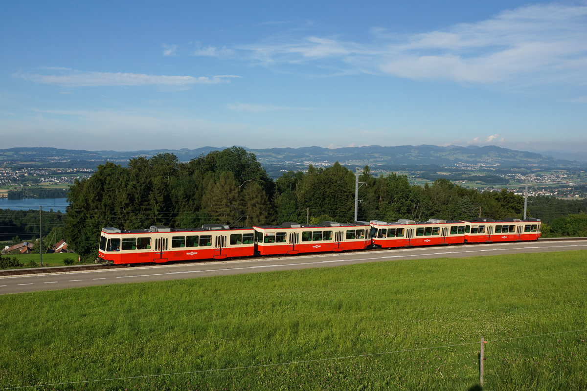 Be 8/8 31/32 und Be 8/8 30/29 befinden sich am 07.07.2014 unterhalb von Scheuren.
