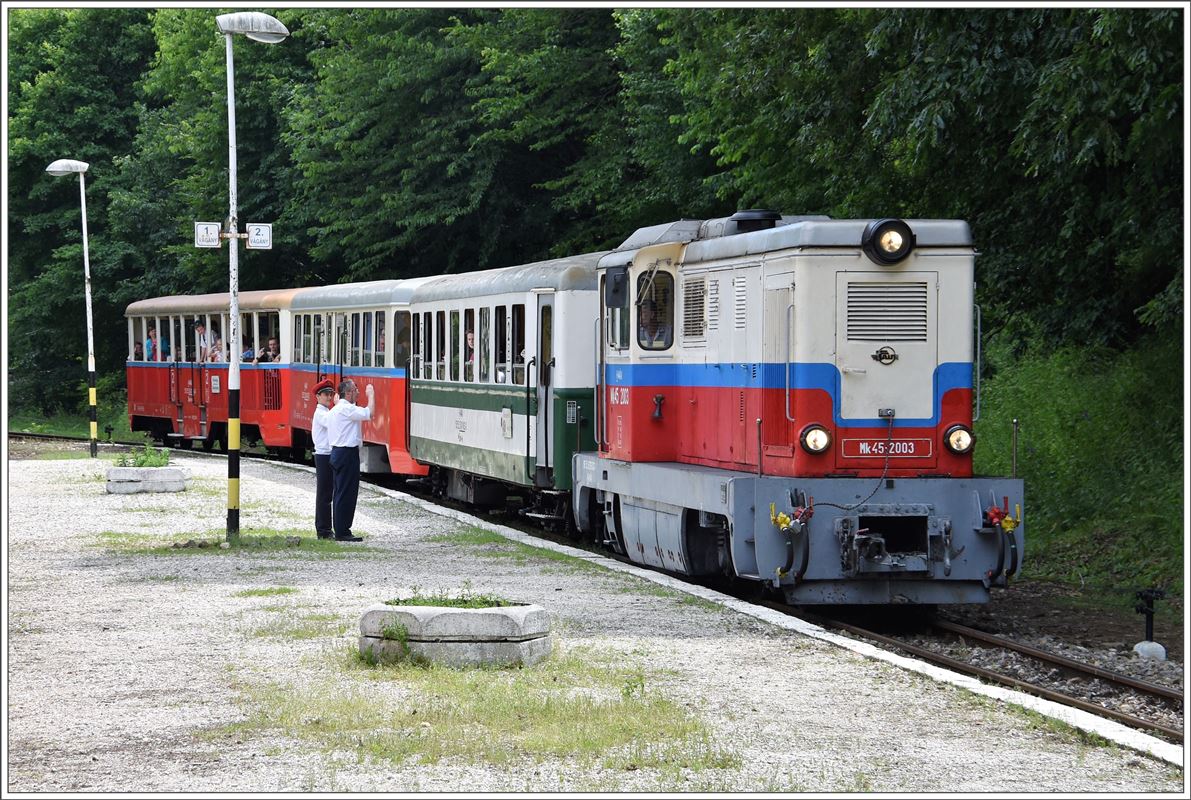 Beaufsichtigt von Erwachsenen wird die Kindereisenbahn von Budapest von Kindern betrieben. Jeder Zug wird in militärischer Achtungstellung begrüsst und verabschiedet. (10.06.2017)