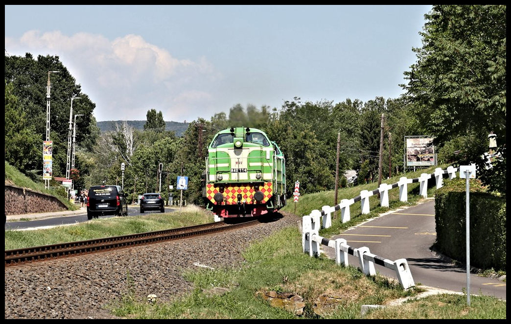 Bei Abrahamhegy kommen im Rahmen des Nostalgieprogramms der MAV die beiden M 40.114 und M 40.219 am 16.7.2022 um 15.04 Uhr mit ihrem Zug nach Tapolca um die Kurve.