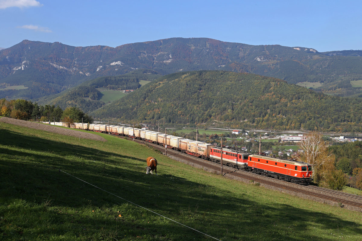 Bei der Apfelwiese am Eichberg,bringen 1144.40+1142.638 den Hackschnitzel-GAG 53513 am 10.10.18 über den Semmering.