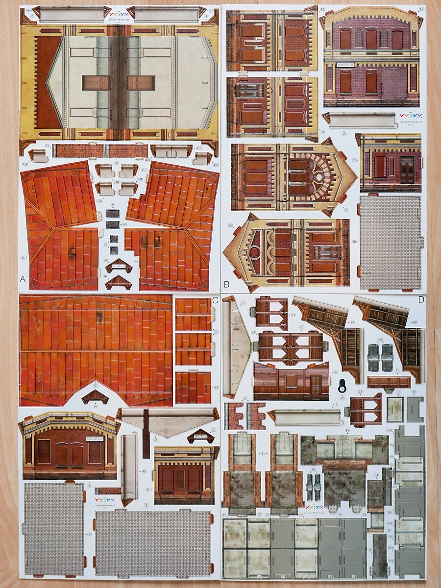 Bei den Bildern der Modellbahnanlage im Piterlend hatte ich ja erwähnt, dass die Gebäude aus Kartonbausätzen bestehen.

So sieht ein russischer Kartonbausatz aus, wenn er aus der Packung kommt - auf vier Karton-Platten sind alle Teile fertig ausgestanzt. Zum Aufbauen wird weder Schere noch Kleber benötigt.

Im Bereich Modellbahn rangiert der Bausatz mit derzeit 630 Rubel am oberen Ende der Preisskala. Mit anderen Worten: ich habe mir zielsicher das teuerste Teil ausgesucht :-)
Einfache Bausätze fangen bei 120 Rubel an, ein gotischer Dom kommt aber auf 3000 Rubel.

Zuhause, 21.12.18