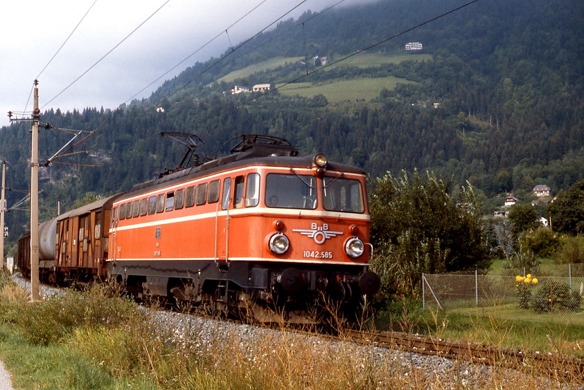 Bei Bodensdorf ist 1042.685 im August 1981 auf der Ossiacherseestrecke mit einem Güterzug unterwegs