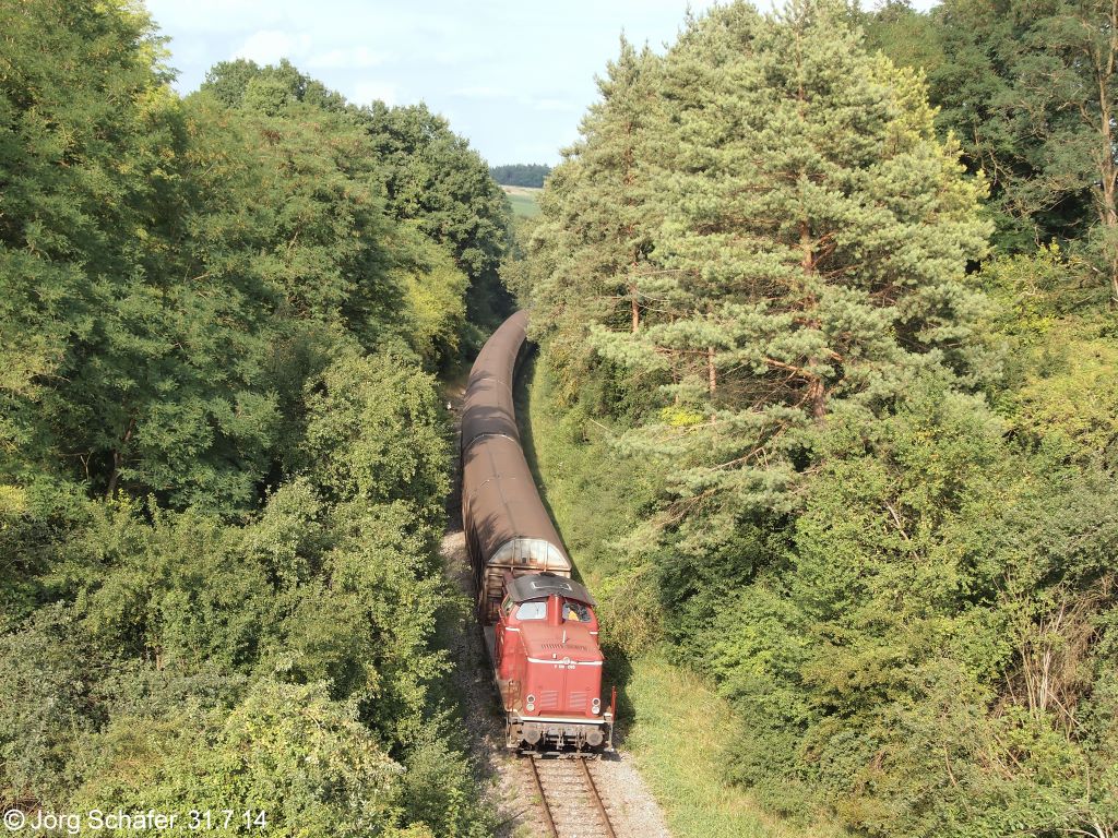 Bei Cronheim (heute 500 Einwohner) wurde die Ludwigs-Süd-Nordbahn in einem 
etwa 10 Meter tiefen Einschnitt trassiert. V 100 1365 wurde dort am 31.7.14 mit Blick Richtung Osten fotografiert. 