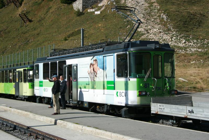 Bei dem heutigen Wetter fachsimpeltet sogar das Personal ber das Bergpanorama mit  klarer Sicht zum Mont Blanc. BDeh 4/4 81 am Col-de-Bretaye; 19.10.2013
