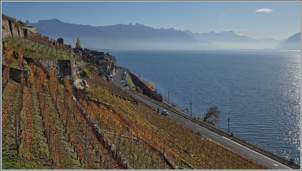 Bei diesem Panorama im Lavaux über den Genfer See in Richtung Chablais ist der Novelis Güterzug mit einer DB 185 ein Detail am Rande...

 