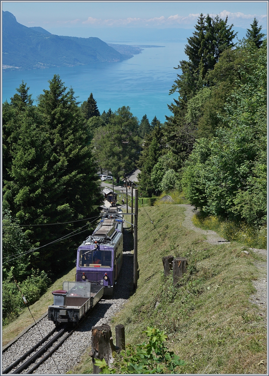 Bei Haut de Caux fährt der Bhe 4/8 303 mit zwei Vorstellwagen bergwärt.
Im Hintergrund der Genfersee und im Dunst der Jura.
28. Juni 2016
