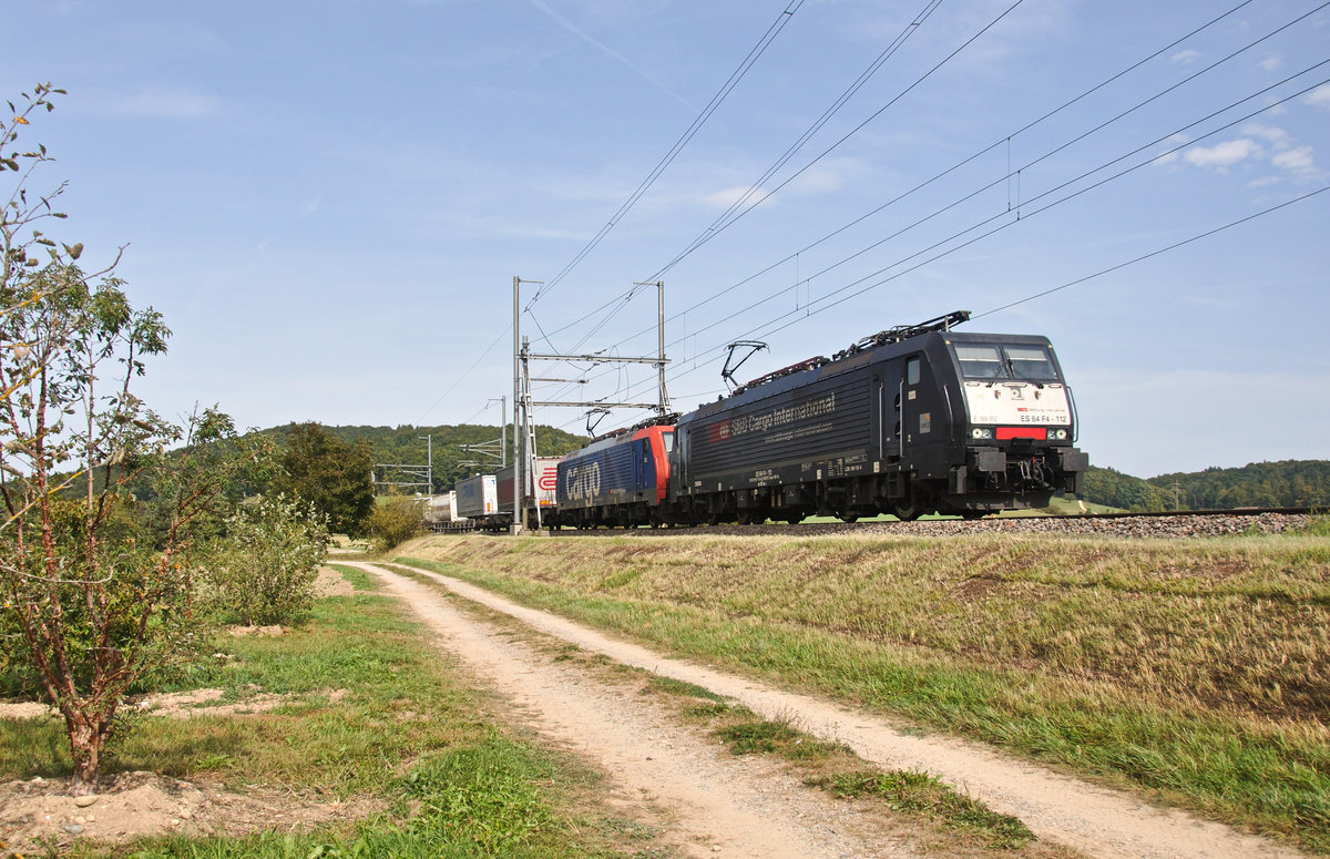 Bei hochsommerlichen Bedingungen ist ein umgeleiteter UKV-Güterzug mit führender ES 64 F4 - 112 auf der Einspurstrecke bei Rafz unterwegs. 30.08.2017