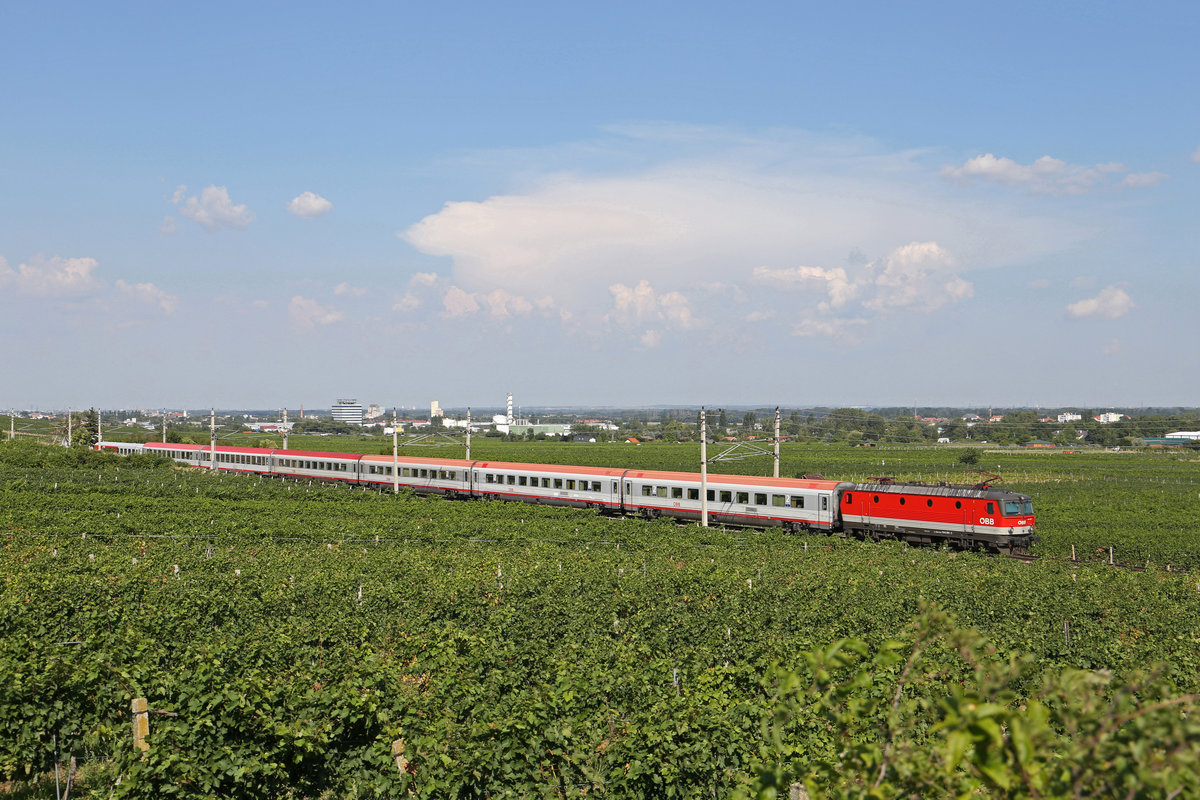 Bei Hochsommerlicher Stimmung fährt 1144.261 mit D-15078 bei Pfaffstätten am 3.8.18