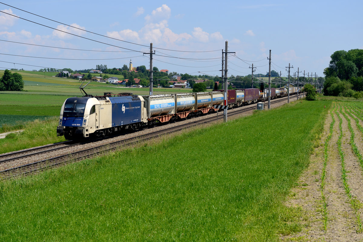 Bei Kimpling entstand am 03. Juni 2017 diese Aufnahme der 1216.950 der Wiener Lokalbahn mit einem Zug des kombinierten Ladungsverkehrs (= TEC 42952 von Wien Donaukaibahnhof nach Rheinhausen). Diese Leistung verkehrt samstags recht verlässlich zur Mittagszeit.