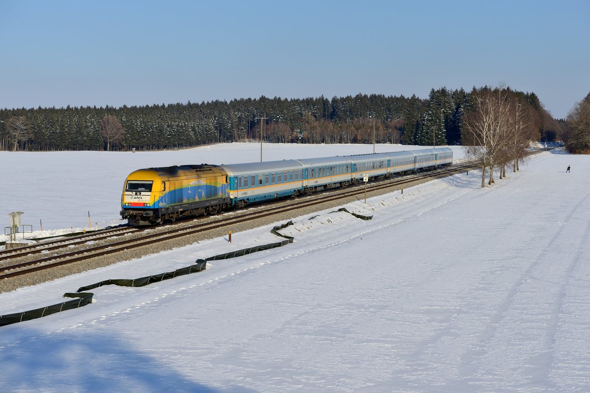 Bei Machelberg wurde auch noch der ALX 84140/84160 nach Lindau und Oberstdorf abgewartet. Grund dafür war die Bespannung in Form von ER 20-013, dem  Bodo  - der neuen Werbelok für den Bodensee-Oberschwaben-Verkehrsverbund. Im Bildhintergrund sieht man den Hobbykollegen, der sich für seine Aufnahme etwas weiter vorne platziert hatte, flotten Schrittes seinem Auto entgegenlaufen. Die arktischen Temperaturen am 25. Februar 2018 waren für einen dauerhaften Verbleib im Freien wenig einladend.