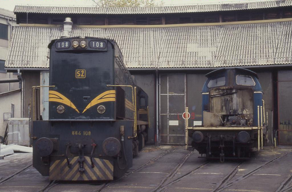 Bei meinem ersten Foto Besuch in Slowenien kam ich zufällig auch in das Depot in Maribor. Dort traf ich am 20.10.1993 auf eine deutsche Bekannte. Diesellok 211120 oder besser die Reste davon stand neben der SZ Großdiesel Lok 664108 vor dem Rundschuppen.