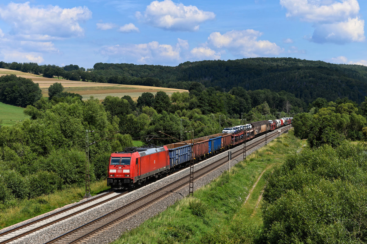 Bei Meisenbach rauschte am 18. Juli 2020 die 185 201 mit dem EZ 51187 von Seelze nach München Nord Rbf durch das osthessische Haunetal. 