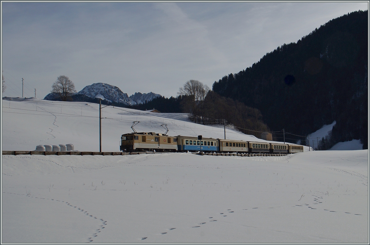 Bei Rossinière fährt die MOB GDe 4/4  Schokoladenlok  mit ihrem GoldenPass Classic - Zug durch die verschneite Landschaft Richtung Montreux.
26. Jan. 2016