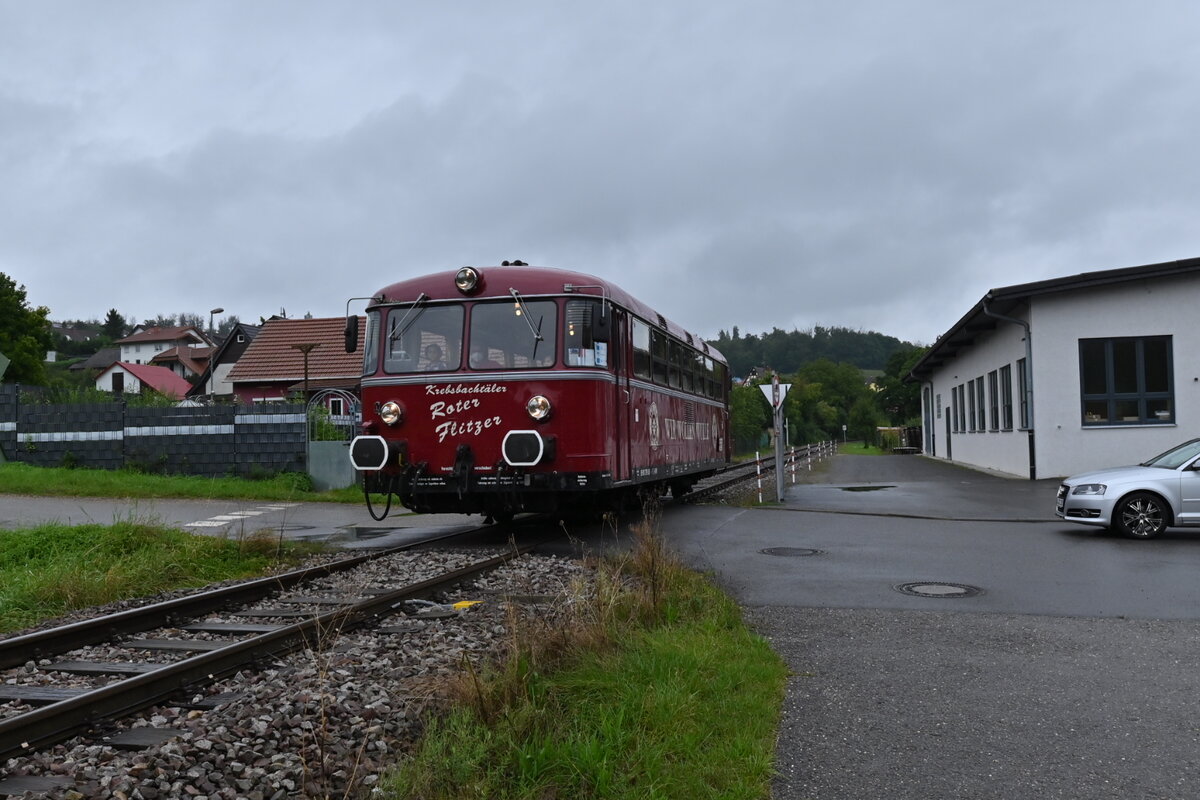 Bei der vorletzten Fahrt des Tages ist der Rote Flitzer  nun in Helmhof zu sehen wie gen Neckarbischofsheim Stadt fhrt.  Sonntag den 29.8.2021