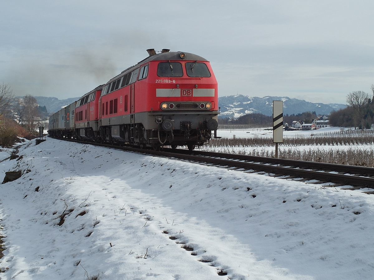 Bei Wasserburg (Bodensee) ziehen 225 803-6 und 225 021-5 einen am 31.01.2015 in Lindau-Reutin bernommenen Containerzug ber Friedrichshafen nach Ulm. Dort wird vor der Weiterfahrt nach Bremerhaven-Weddewarder ein Lokwechsel stattfinden.
