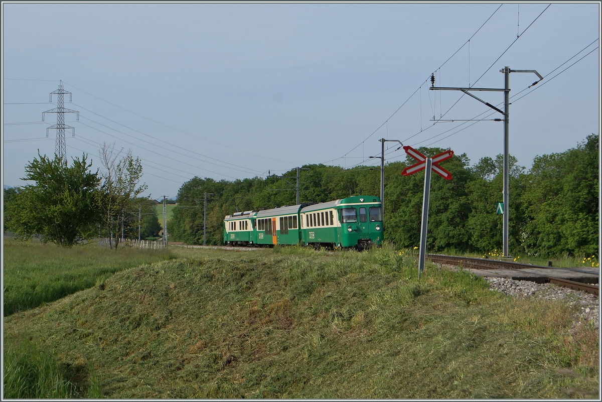 Beim Bahnübergang zwischen Chigny und Vufflens-le-Château konnte ich diesen BAM Regionalzug auf dem Weg nach Biere fotografieren. 
12. Mai 2015