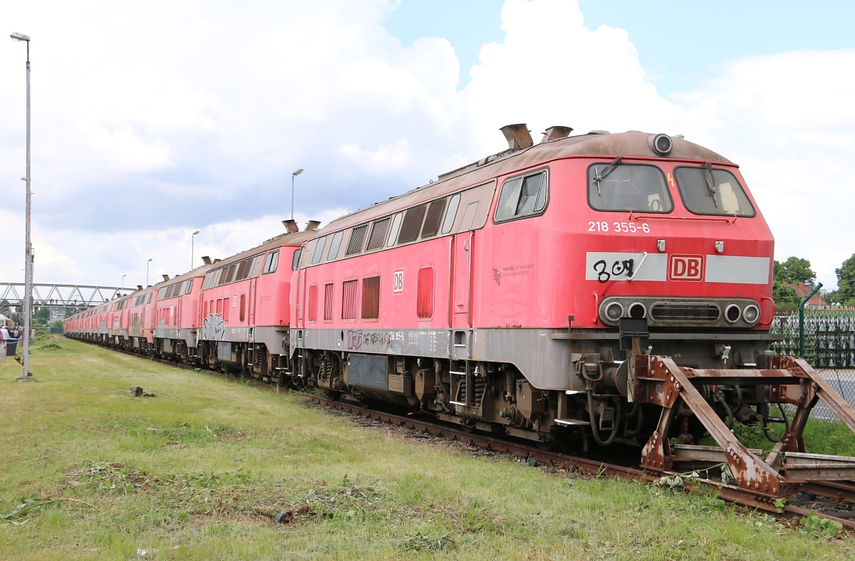 Beim Betreten und Verlassen des Werksgeländes des Bahnbetriebswerks Bremen Sebaldsbrück bietet diese Reihe abgestellter 218er einen traurigen Anblick. Aufgenommen am 14.06.2014 am Tag der offenen Tür zum 100-jährigen Jubiläum.
Die Loks im Einzelnen: 218 355, 218 353, 218 378, 218 350, 218 346, 218 482, 218 347, 218 349, 218 393, 218 334 und 218 442.