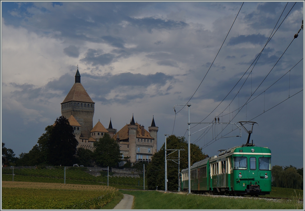 Beim Château de Vufflens schiebt der BAM Be 4/4  N° 14 den Regionalzug 126 Richtung Bière.
8. Sept. 2014 