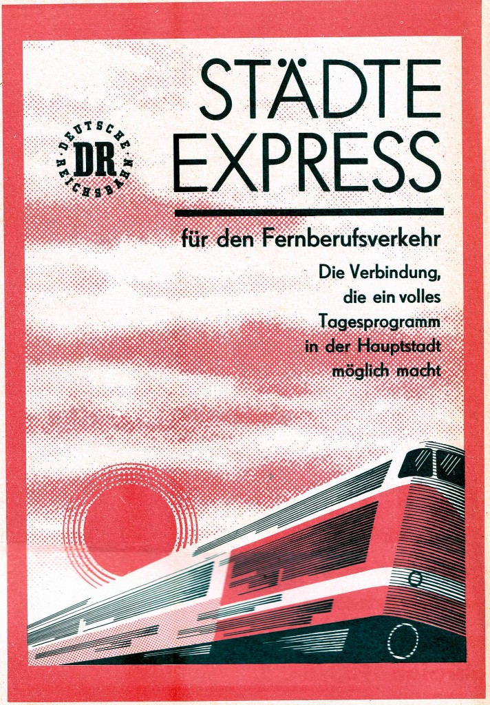 Beim Durchwhlen der HO-Bastelkiste, auf  der Suche nach Prgepappen fiel dem Fotogragfen ein Reichsbahnkursbuch  1983/84 in die Hnde. Die erste Umschlagseite zeigt folgende Reklame (Scann)Reichsbahnreisende werden sich an die orange-weien Zge mit den klangvollen Namen wie:  Elbflorenz  (Dresden - Berlin) oder  Petermnnchen  (Schwerin - Berlin)erinnern. 