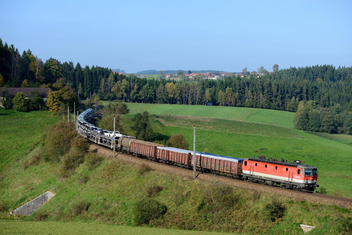 Beim Semmelhof zwischen Summerau und Freistadt konnte am 04. Oktober 2014 die ÖBB 1144.063 mit dem G 87553 fotografiert werden. Die Autotransportwagen sind mit Volkswagen aus dem Werk Emden und Übersee beladen. Dies verdeutlicht, dass Güter aus Skandinavien, Nord- und Ostdeutschland zum Teil auch den Weg über Tschechien nehmen, um nach Österreich und weiter nach Italien oder den Balkan zu gelangen.