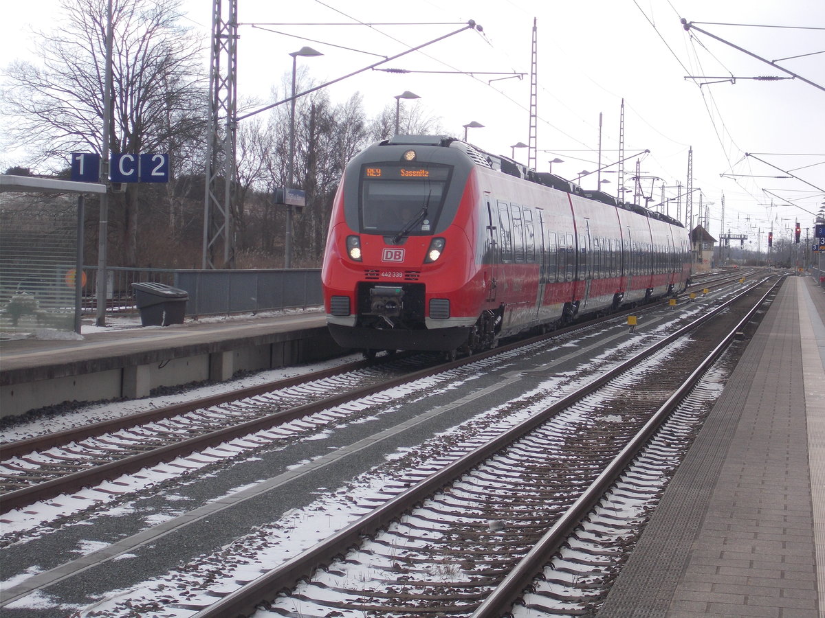 Bekanntlicher Weise halten Hamster im Winter Winterschlaf,trotzdem war der Rostocker 442 339,am 17.März 2018,von Rostock nach Sassnitz unterwegs und erreichte den Bahnhof Bergen/Rügen.