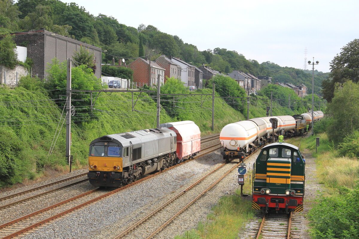 Belgiën
Lok 1266 035 vom Railtraxx mit einem leerem Güterzug in Engis, während lok 7341 vom Fabrik Prayon und lok 77xx vom SNCB rangieren
4/8/2014