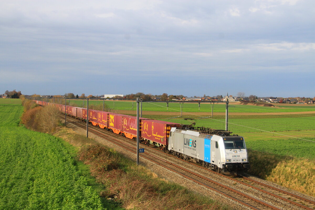 Belgium
Locomotive 186 296 from Lineas hauling a container train, is detoured in Pousset on line 36.
13/11/2025