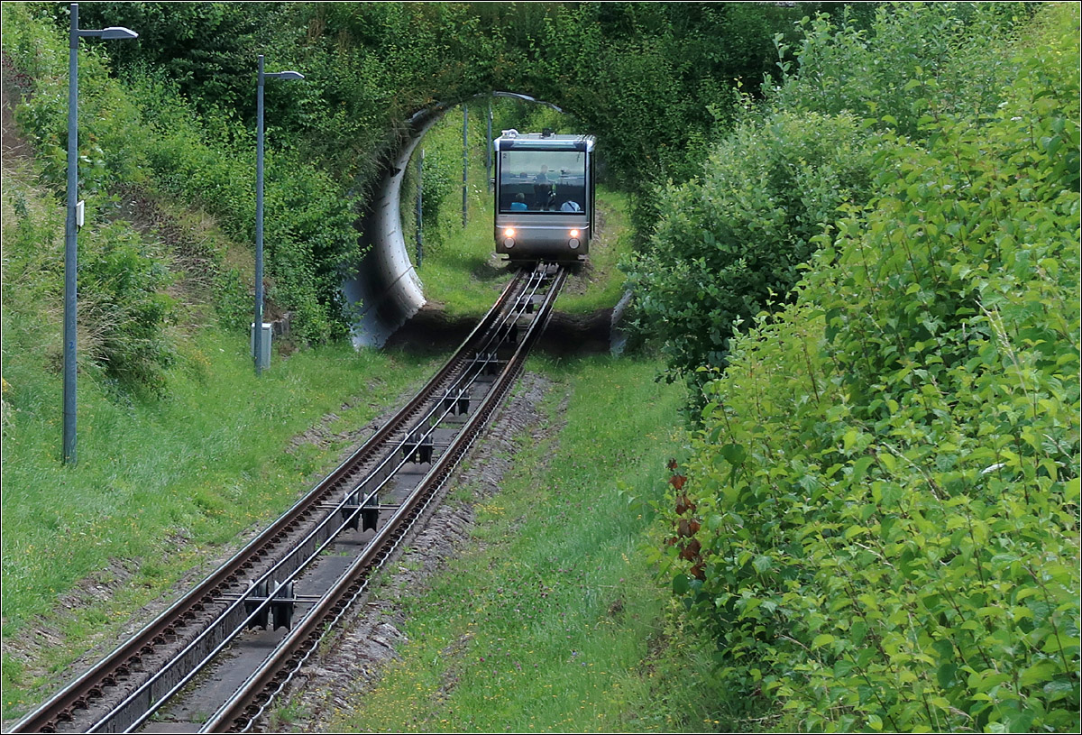 Bergbahn Künzelsau - 

Blick von der Bergstation hinab auf die hier in einem Einschnitt verlaufende Strecke mit der Unterführung unter der Taläckerallee.

29.07.2021 (M)

