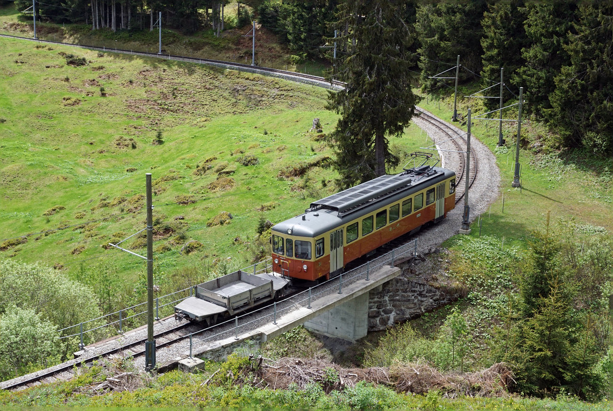Bergbahn Lauterbrunnen-Mürren.
VOM OBERAARGAU IN DAS BERNER OBERLAND.
Be 4/4 31 LISI mit Güterwagen zwischen Winteregg und Grütschalp unterwegs am 24. Mai 2018.
Foto: Walter Ruetsch

