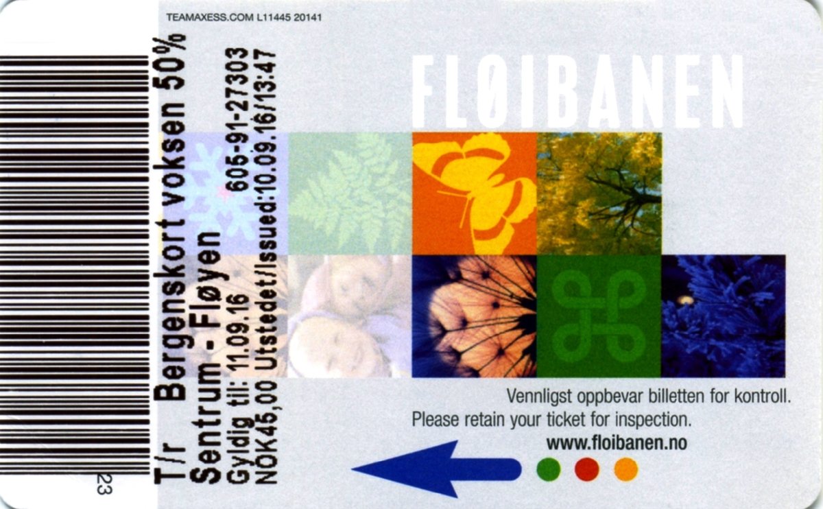 BERGEN (Provinz Hordaland), 10.09.2016, Ticket für Hin- und Rückfahrt mit der Fløibane auf den 320 Meter hohen Fløyen, dem Hausberg Bergens; 50 % Rabatt gibt es in Verbindung mit der BergenCard -- Fahrkarte eingescannt