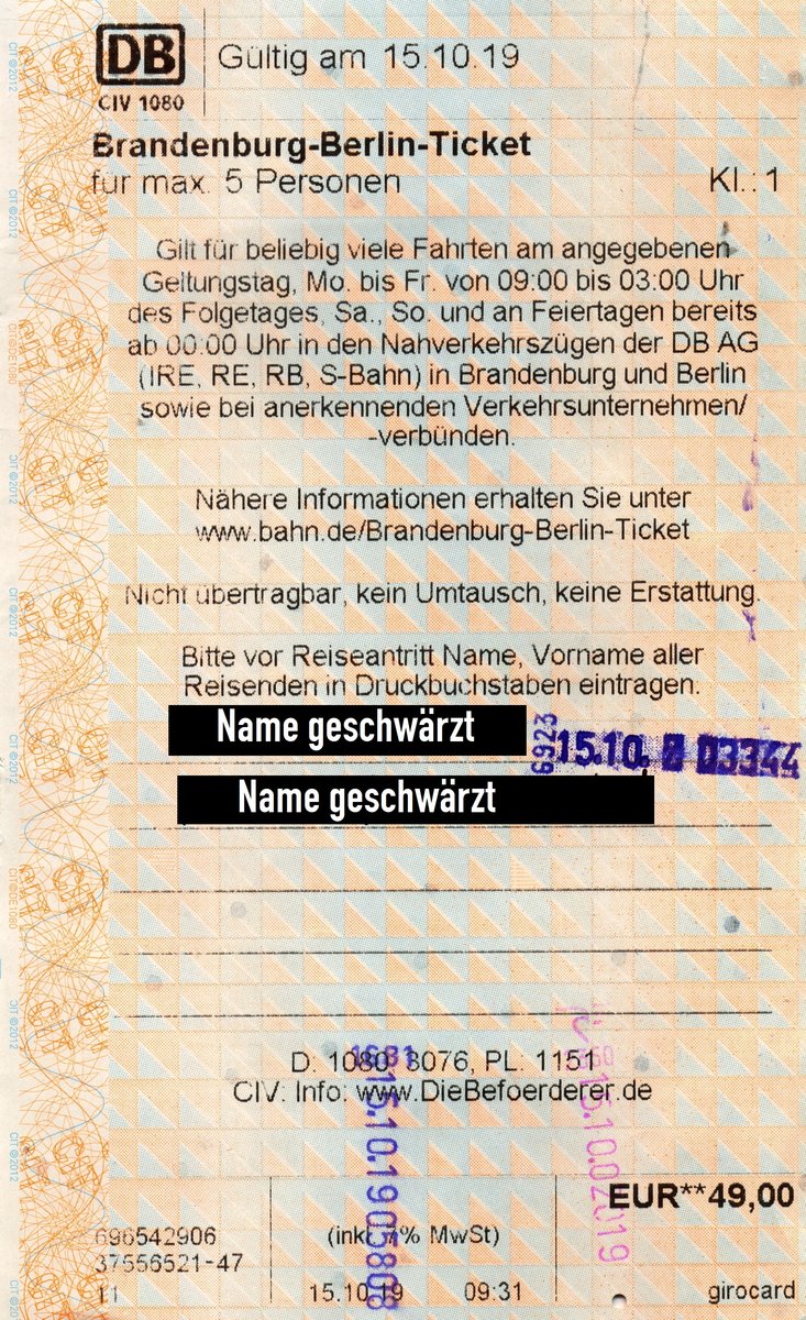 BERLIN, 15.10.2019, Brandenburg-Berlin-Ticket 1.Klasse für max. 5 Personen am Automaten im S-Bahnhof Greifswalder Straße gekauft (Fahrkarte eingescannt)